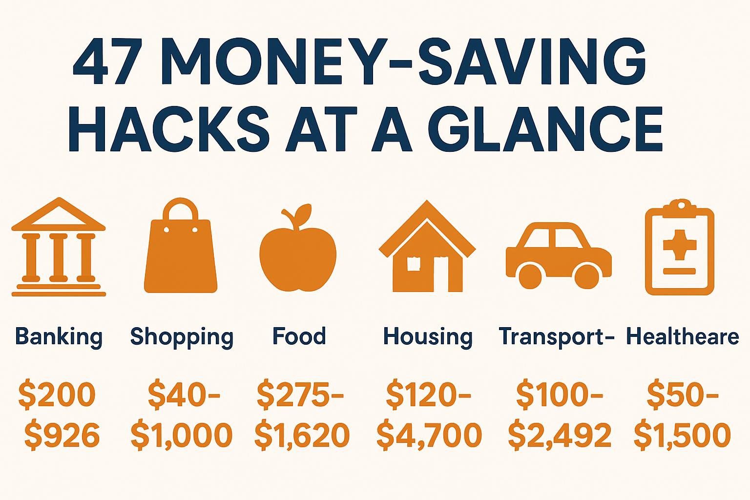 Create an infographic showing "47 Money-Saving Hacks at a Glance" 
