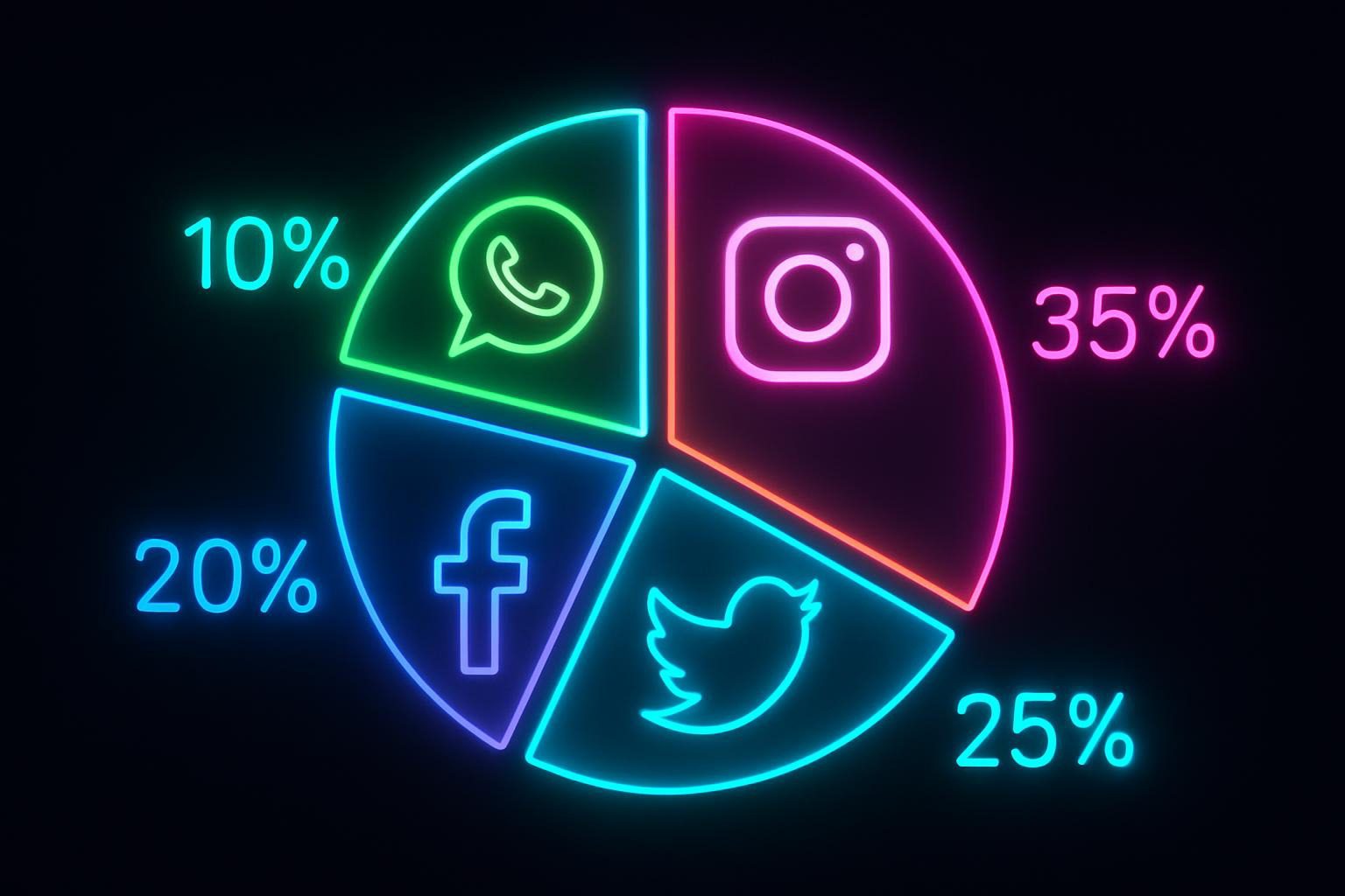 pie in neon colors, labels with percentages, icon overlays for apps