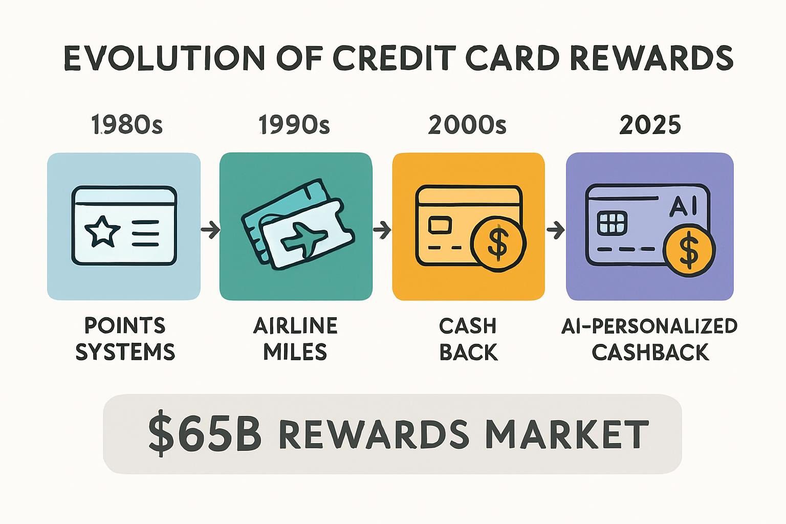 Timeline of Credit Card Rewards Evolution—From 1980s points systems to 2025 AI-personalized cashback, with stats on market growth