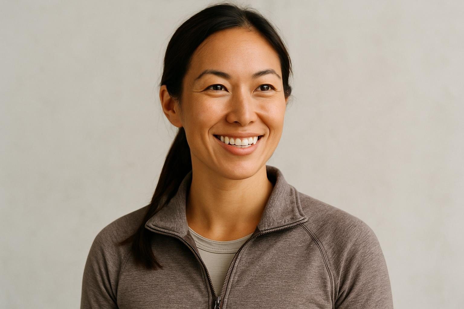 Smiling professional woman in athleisure, 2025 style.